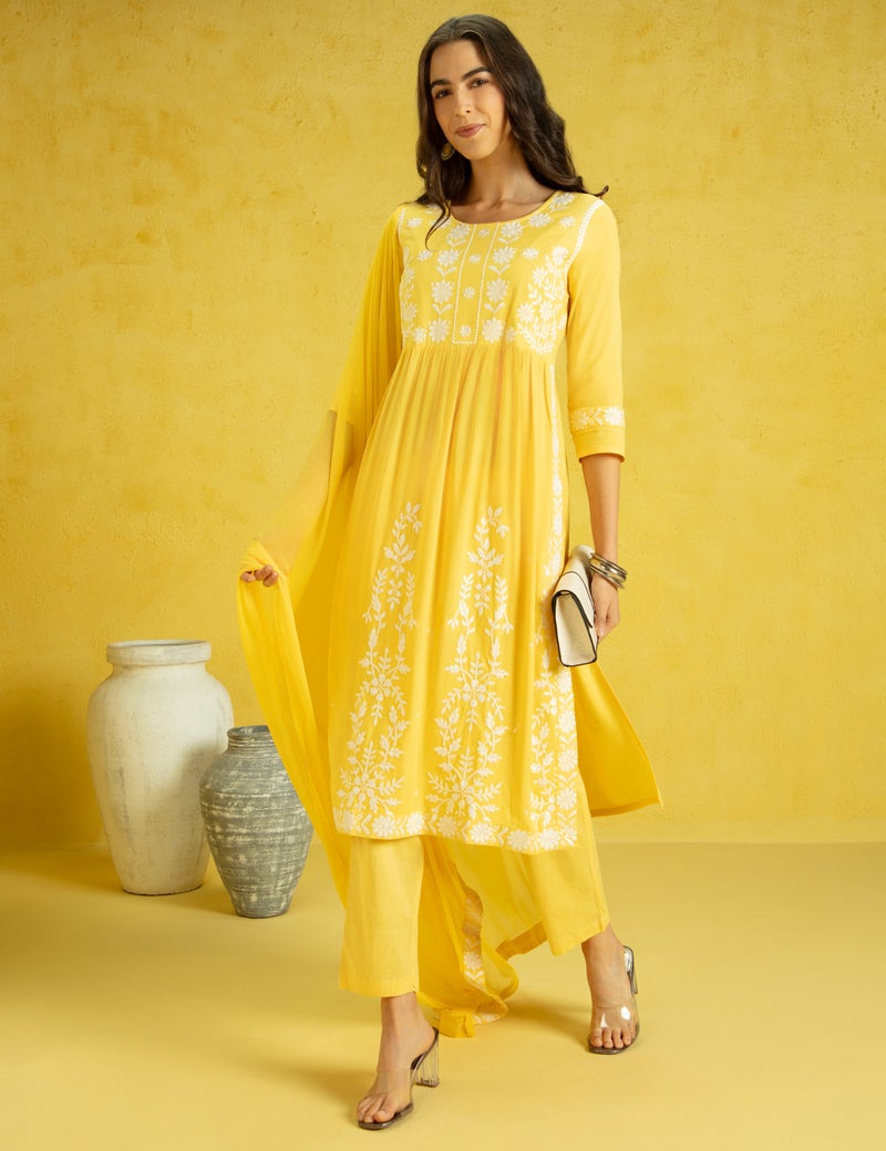 Kaari Women's Chikankari Kurta Set with Dupatta - A-line Fit | Chiffon Dupatta with Embroidered Band | Straight Pant with Side Pocket | Kurta Set For Women - Image 1